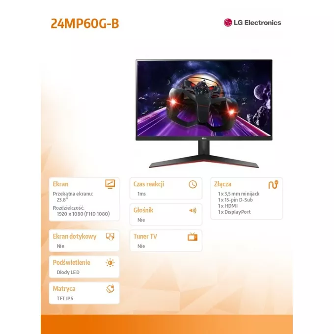 LG Electronics Monitor 24MP60G-B 23.8 cala IPS Full HD AMD FreeSync 1ms MBR