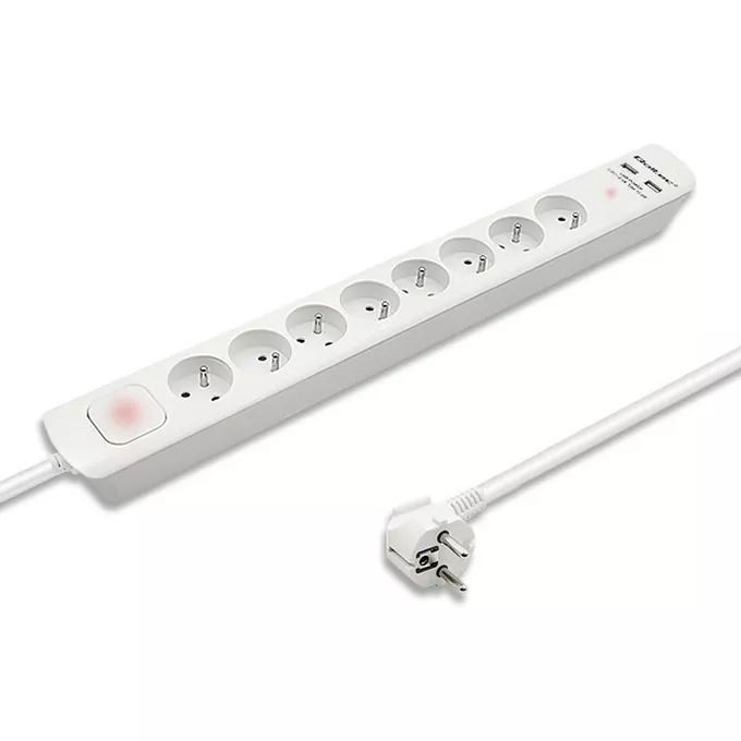 Qoltec Listwa antyprzepięciowa | 8 gniazd | 2xUSB | 1.8m | Biała