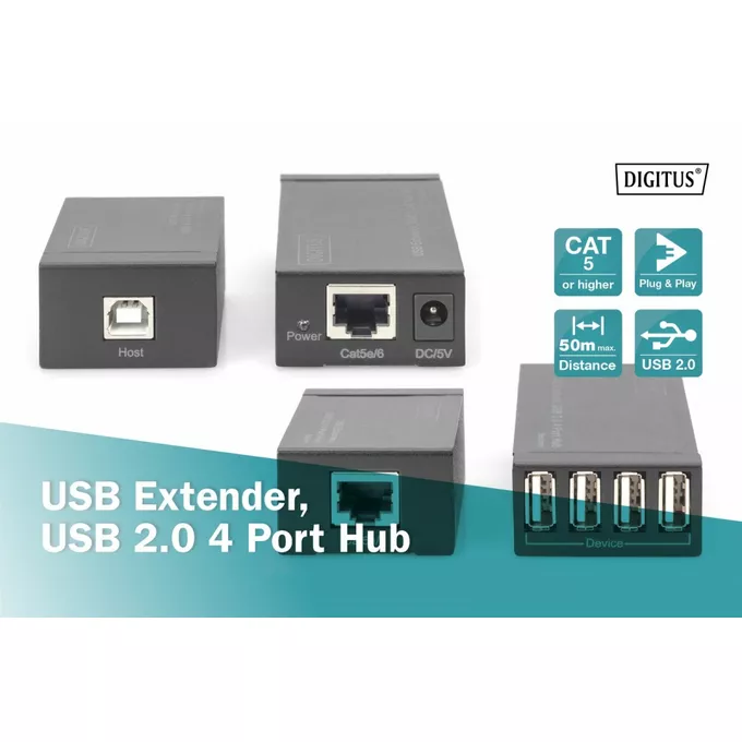 Digitus Przedłużacz/Extender HUB 4 porty USB 2.0 po skrętce kat. 5e/7, do 50m