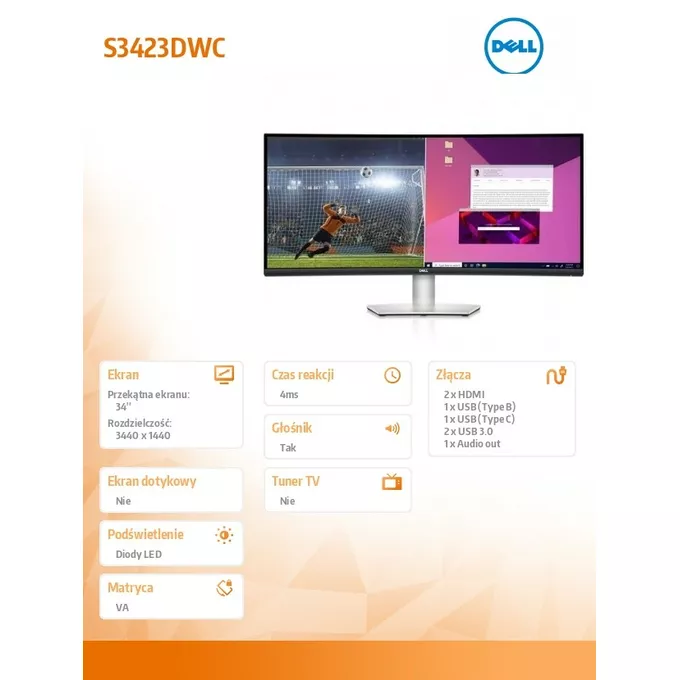 Dell Monitor S3423DWC 34 cali Curved AMD FreeSync VA LED 100Hz WQHD (3440x1440)/2xHDMI/USB-C/USB/Anti-glare 3H hardness/3Y AES&amp;PPE