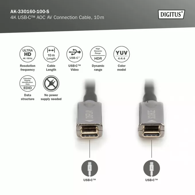 Digitus Kabel połączeniowy hybrydowy AOC USB 3.1 Typ C/USB Typ C 4K 60Hz 10m